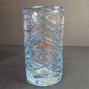 Handmade Mexican Style Glass Vase Clear with Blue Swirls 8"